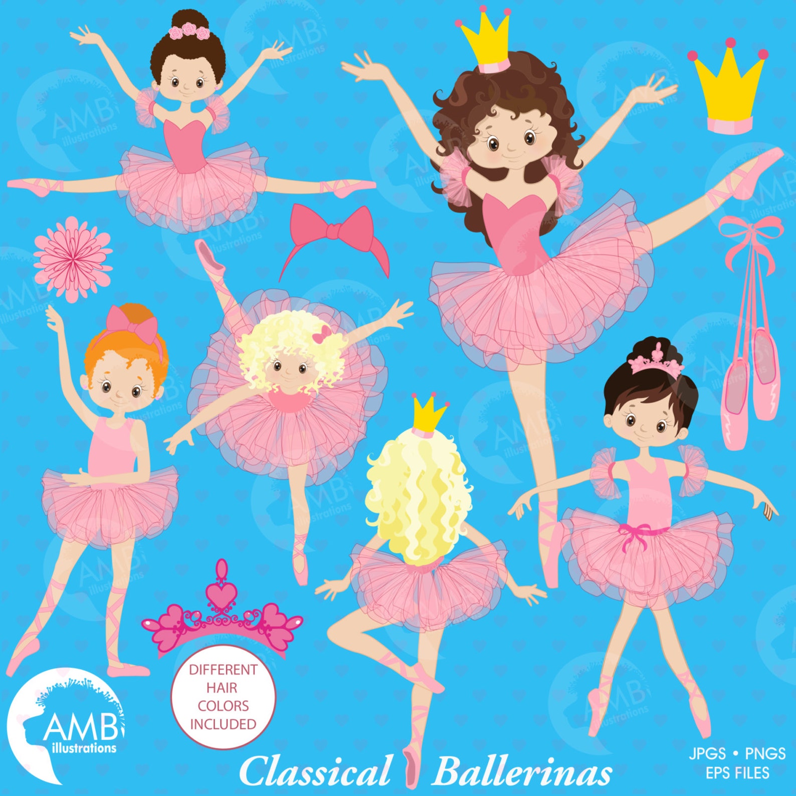 ballerinas dancing, clipart illustration, ballet dancers in pink, ballet recital clipart, commercial use, amb-1050