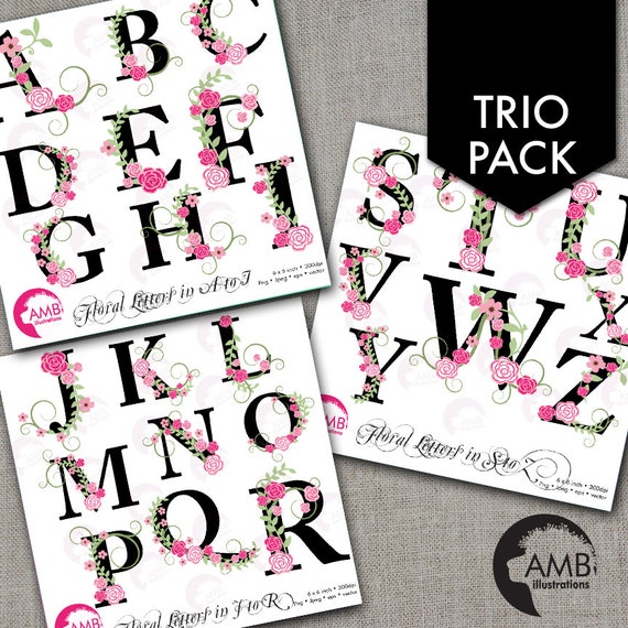 TRIO Floral Alphabet clipart Pack, Shabby Chic Wedding Pink Roses Letters, Floral clipart, Letters A to Z, commercial use, AMB-1656 Il_570xn