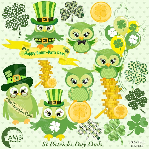 St Pat's Day Owls Clipart, St Patricks Day Clipart, Owls Clipart, Irish Clip Art, Shamrock Clipart, Banner Clipart, AMB-825 Il_570xn