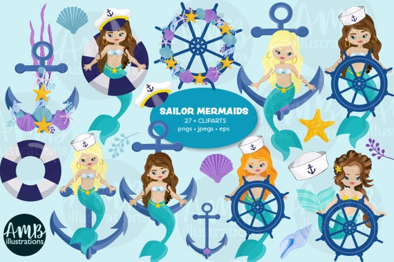 Mermaid clipart, Mermaid Sailor, pastel mermaid graphics, mermaid princess, card making, planner stickers, AMB-2793 Il_570xn
