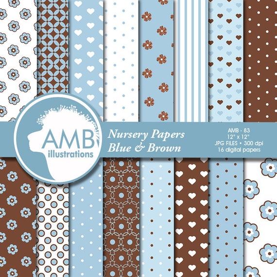 Nursery digital papers, Brown and blue papers, Polka Dot papers, floral papers, heart papers, Pastel papers, comm-use, AMB-836 Il_570xn