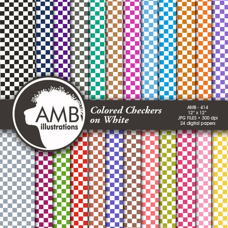 Checkered Digital Papers Checkers Color on White Digital Etsy