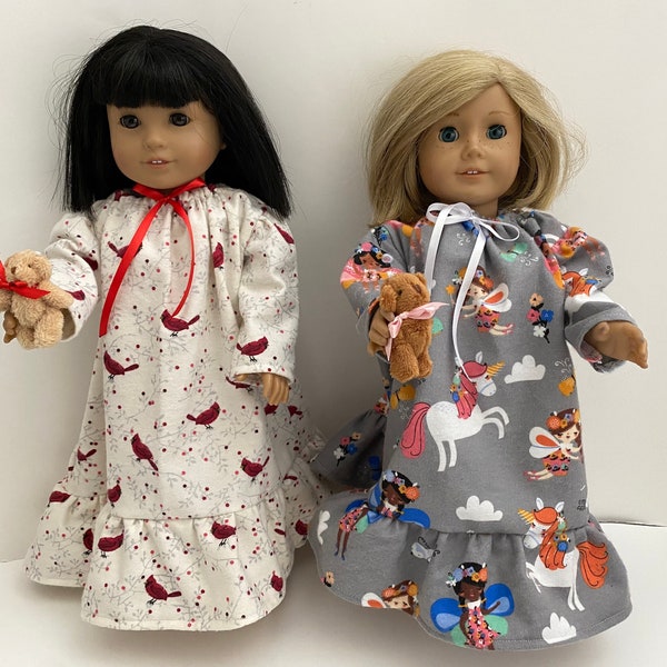 Long Flannel Nightgowns in Fairy or Cardinal, Soft Slippers, or Doll Sized Bear Toy - Fits an 18” American Girl Sized Doll