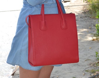 Large Red LEATHER TOTE BAG, Leather Handbag, Leather Bag, Large Leather Bag, Large Leather Tote Bag, Leather Purse, Women Leather Tote