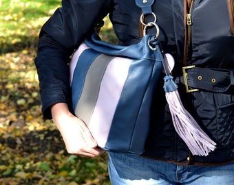 Large Blue - Lavender - Gray SOFT LEATHER HANDBAG, Leather Shoulder Bag, Leather Purse, Leather Hobo Bag, Leather Slouchy Bag, Everyday Bag