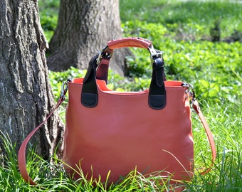 Medium ORANGE LEATHER BAG, Orange Leather Tote, Leather Handbag, Leather Shoulder Bag, Womens Leather Tote Bag, Womens Leather Bags