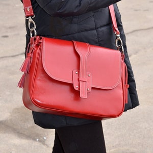 LEATHER MESSENGER Bag, Long Strap Leather Purse, Red Crossbody Leather Bag,Leather Handbag,Red Leather Messenger Bag Red