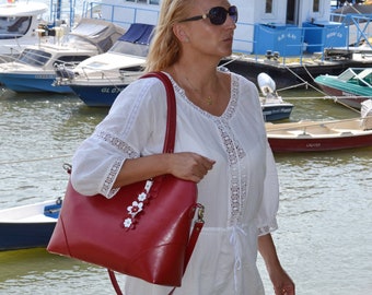 Très grand sac en cuir rouge, sac fourre-tout en cuir, sac à bandoulière en cuir, grand sac en cuir, sac en cuir pour femme, sac en cuir pour ordinateur portable