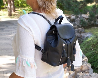 Black Leather Backpack, Woman Leather Backpack , Medium Leather Backpack, Laptop Leather Backpack, Leather Gift for Woman