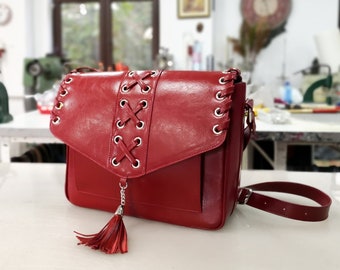 RED Leather Bag, Woman Leather Messenger Bag, Leather Shoulder Bag, Leather School Bag, Leather Handbag, Leather Cross body Bag