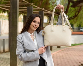 Large CREAM LEATHER BAG, Leather Tote Bag, Leather Shoulder Bag, Large Leather Bag, Women Leather Bag, Woman Leather Tote,Laptop Leather Bag