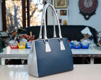 BLUE GRAY Leather Tote Bag, Blue Leather Handbag, Woman Leather Handbag, Designer Leather Handbag, Leather Satchel Bag, Woman Leather Purse