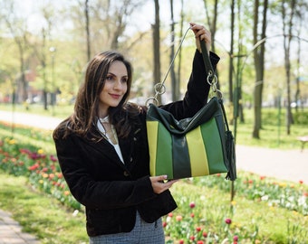 Large Olive-Celery-Dark Green LEATHER HANDBAG, Leather Shoulder Bag, Leather Purse, Leather Hobo Bag, Leather Slouchy Bag, Everyday Bag