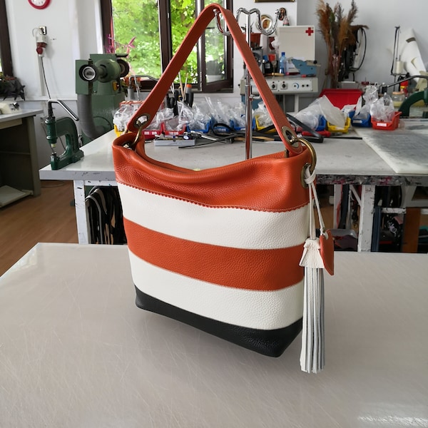 Large Orange-Cream-Brown LEATHER HANDBAG, Leather Shoulder Bag,Soft Leather Purse,Leather Hobo Bag, Leather Slouchy Bag,Everyday Leather Bag