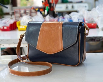 Blue-Camel LEATHER BAG, Leather Messenger Bag, Leather Crossbody Bag, Leather Shoulder Bag, Woman Leather Bag, Blue-Camel Leather Bag