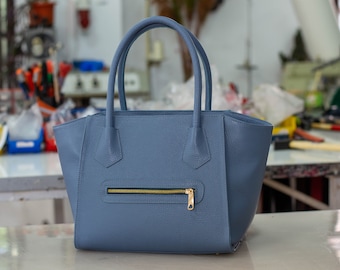 BLUE HANDBAG LEATHER, Leather Bag Woman,Minimalist Leather Bag, Leather Tote Bag, Woman Leather Bag, Woman Leather Tote,Handmade Leather Bag