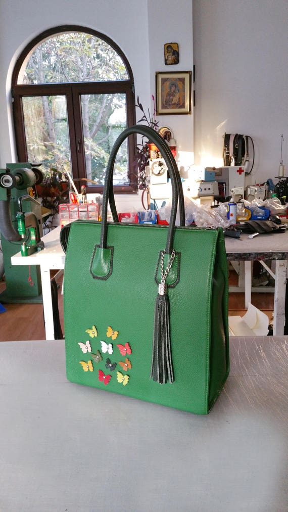 green leather tote