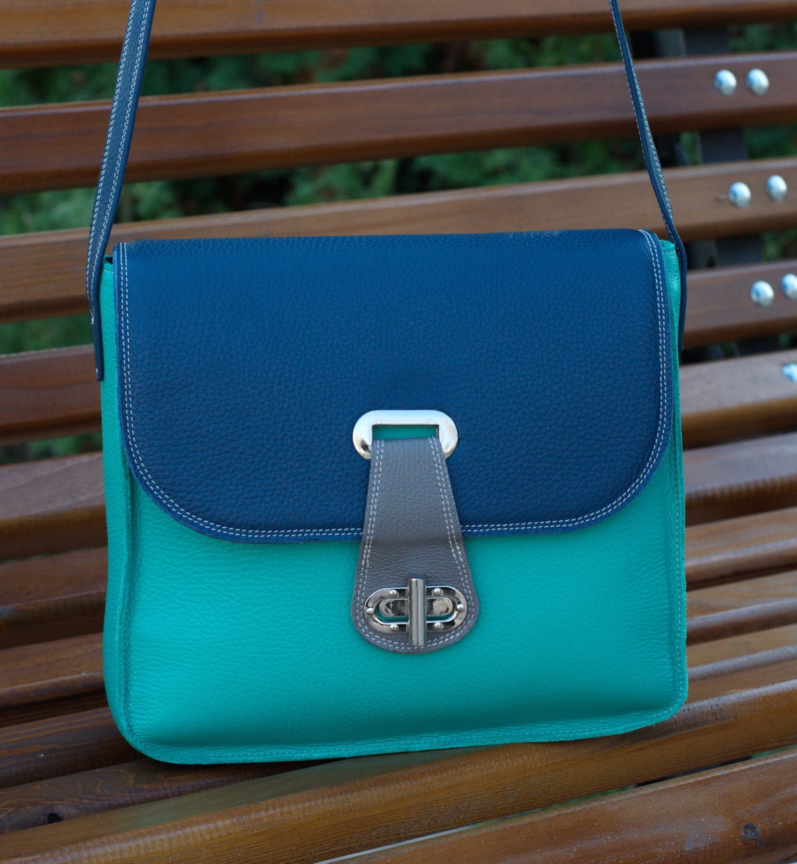 Leather Messenger Bag Blue Leather Shoulder Bag Womens Etsy