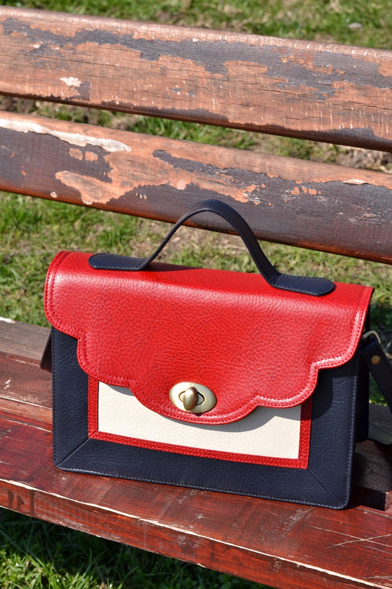 LEATHER MESSENGER Bag Leather School Bag Leather Shoulder Bag Red-Blue-Cream Leather Bag Leather Crossbody Bag Leather Messenger