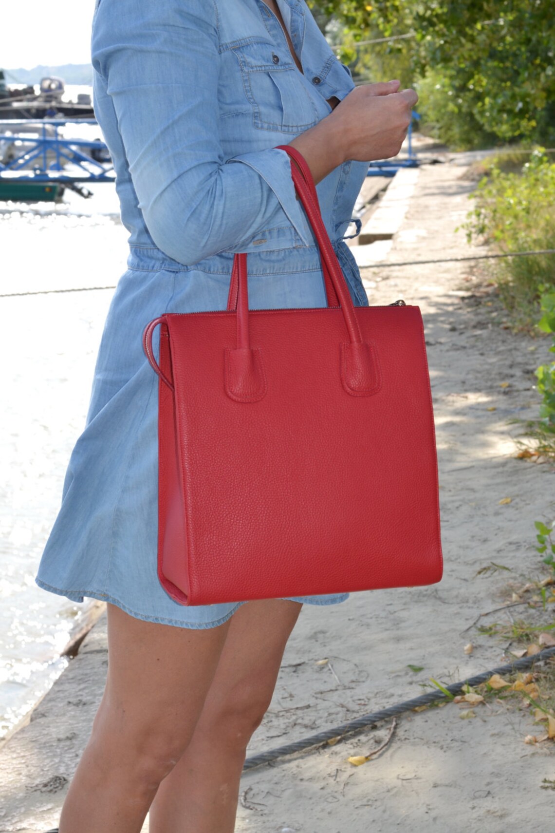 RED LEATHER HANDBAG Red Leather Bag Red Leather Tote Bag Etsy