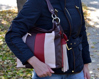 Large Burgundy - Cream - Brown LEATHER HANDBAG, Leather Shoulder Bag, Leather Purse, Leather Hobo Bag, Leather Slouchy Bag, Everyday Bag