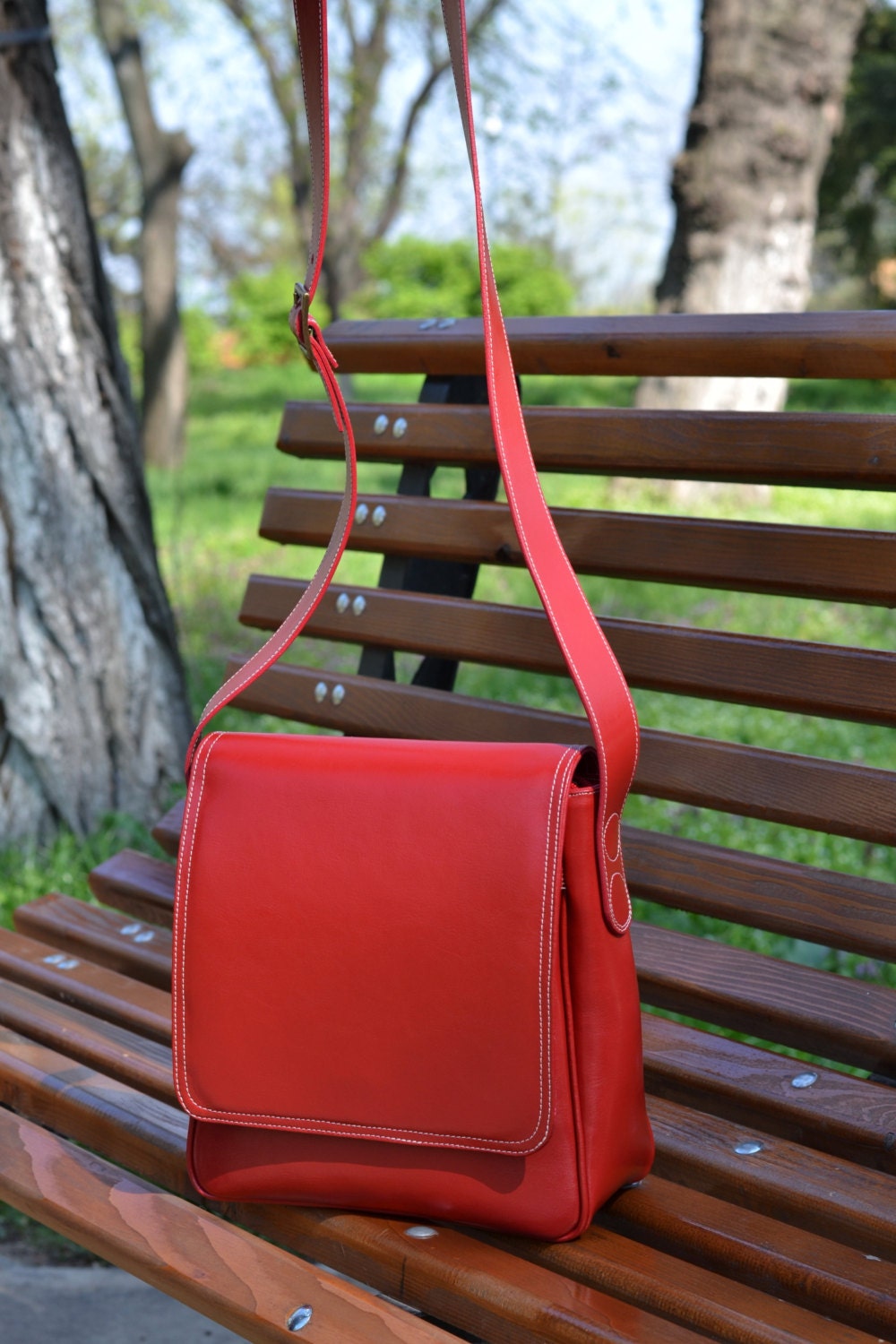 RED Leather Bag Leather Messenger Bag Leather Shoulder Bag Etsy