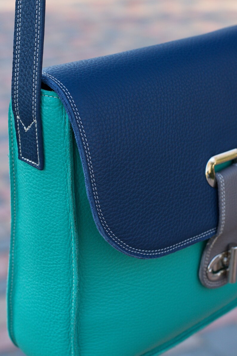 Leather Messenger Bag Blue Leather Shoulder Bag Womens Etsy