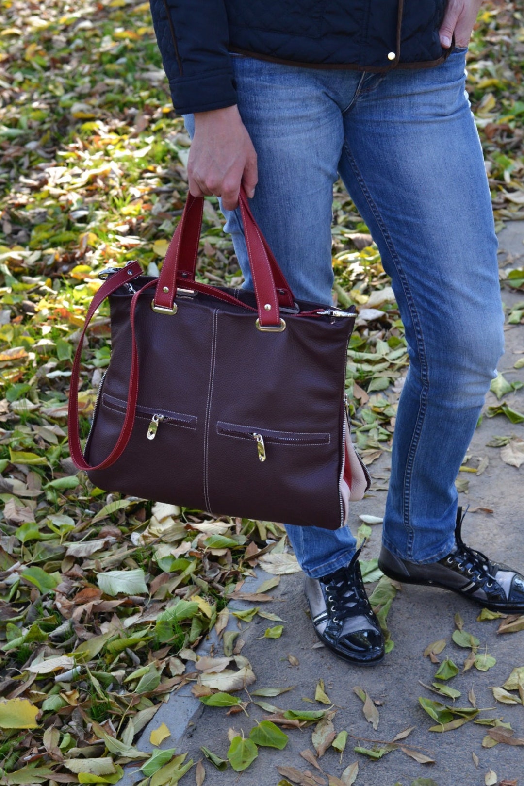 BURGUNDY Leather Tote Bag, Laptop Leather Tote, Leather Shoulder Bag