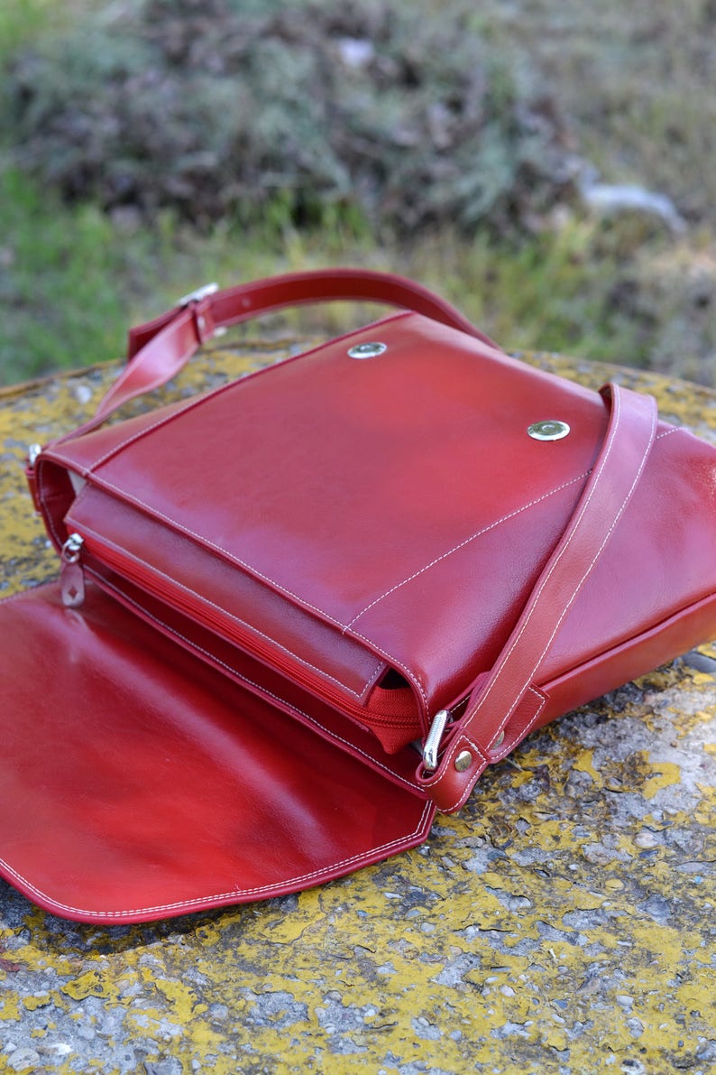 Red Leather Bag Leather Messenger Bag Leather Shoulder Bag Etsy