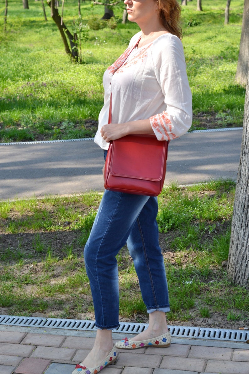 RED Leather Bag Leather Messenger Bag Leather Shoulder Bag Etsy