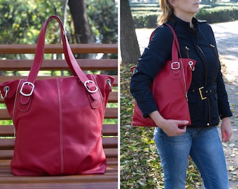 LARGE LEATHER Handbag, Leather Tote Bag, Soft Leather Bag, Leather Shopper Bag, Leather Shoulder Bag, Red Leather Tote
