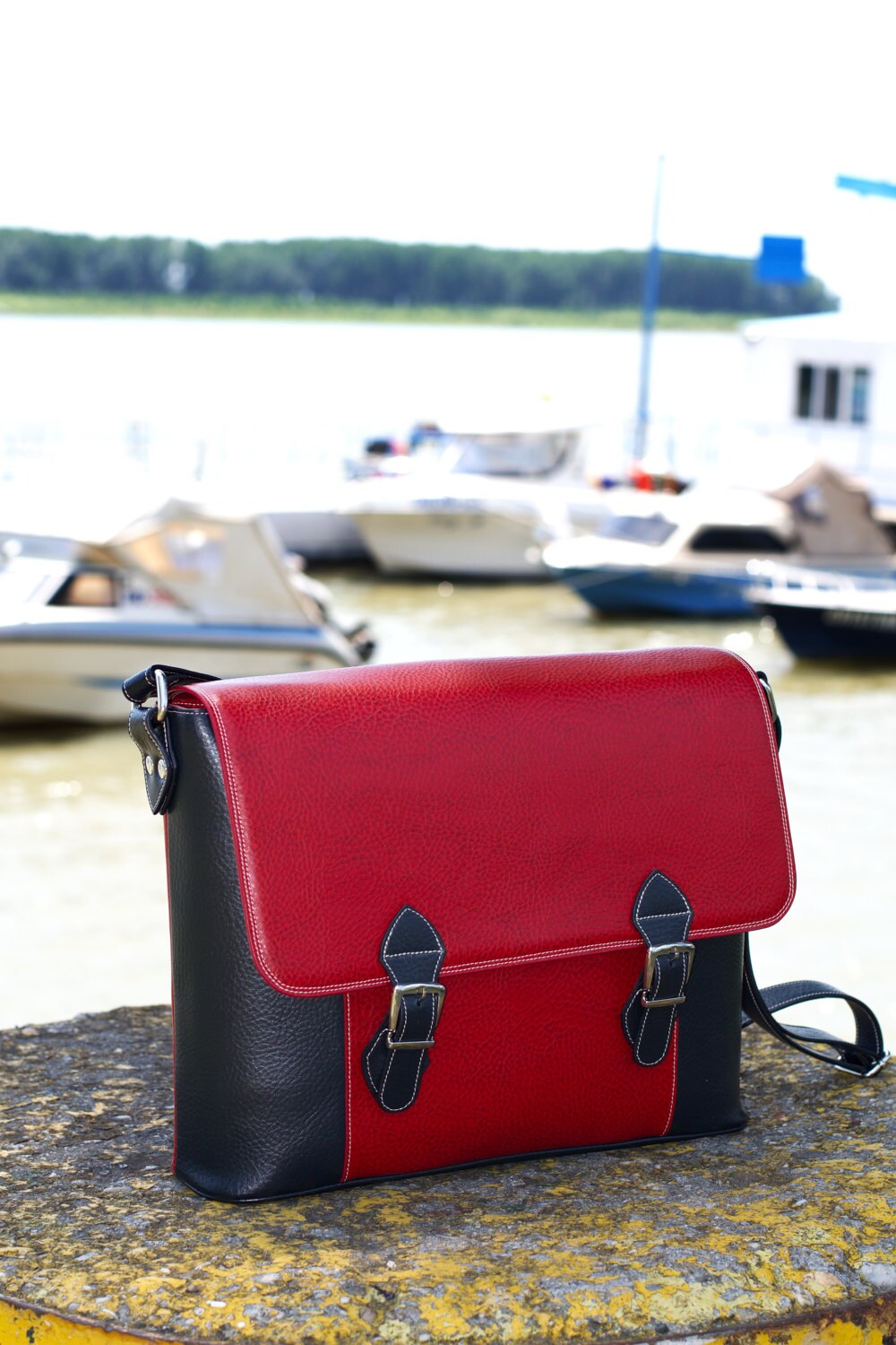 red and blue handbag