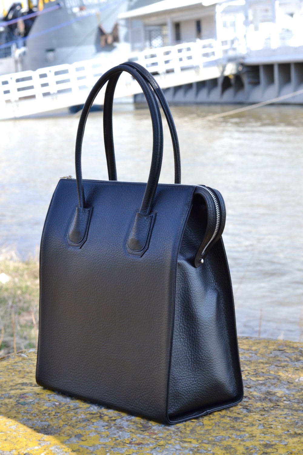 BLACK LEATHER HANDBAG Black Leather Bag Leather Tote Bag | Etsy