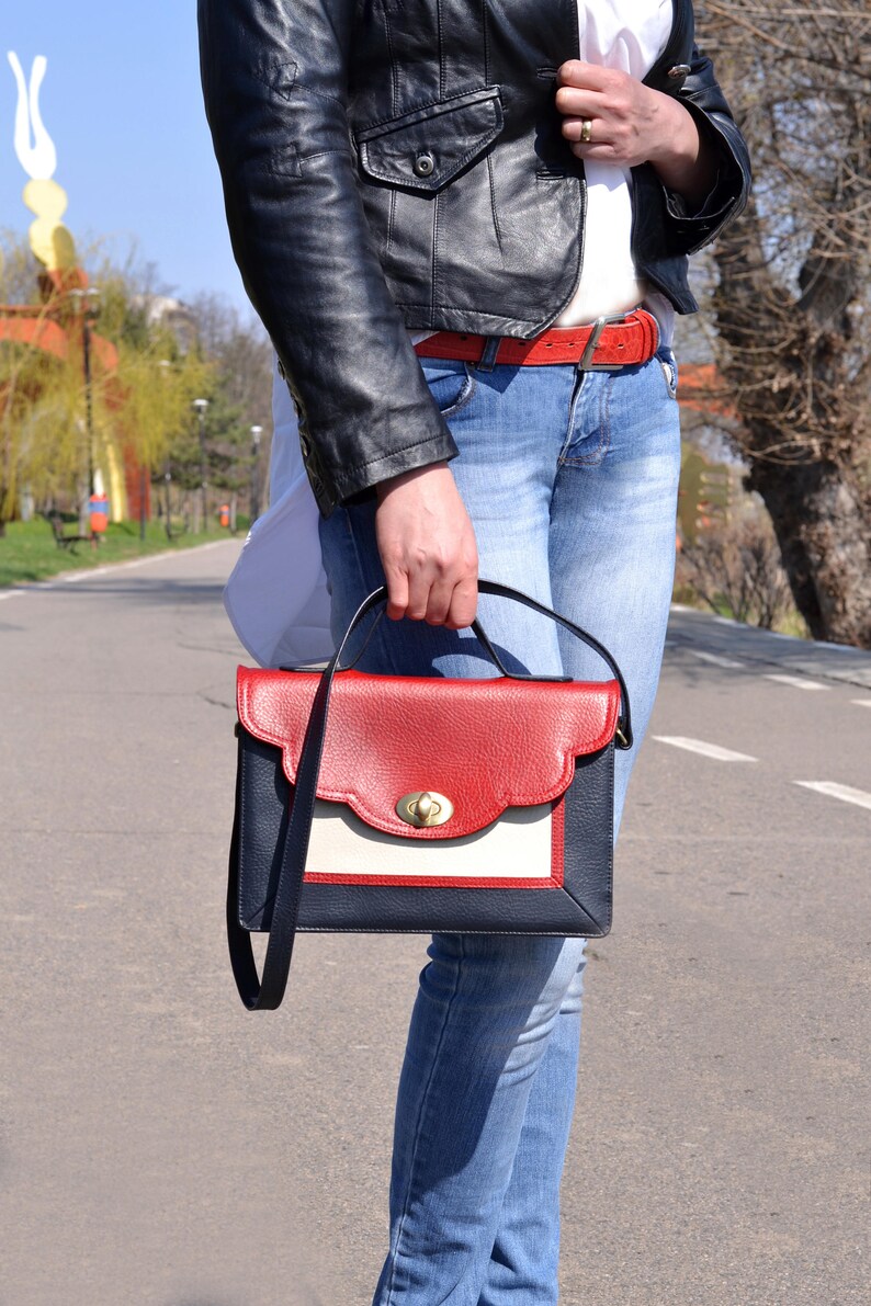 LEATHER MESSENGER Bag Leather School Bag Leather Shoulder Bag Red-Blue-Cream Leather Bag Leather Crossbody Bag Leather Messenger