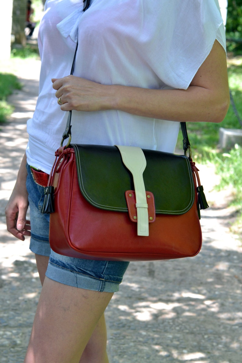 LEATHER MESSENGER Bag, Long Strap Leather Purse, Red Crossbody Leather Bag,Leather Handbag,Red Leather Messenger Bag Red-Brown-Cream