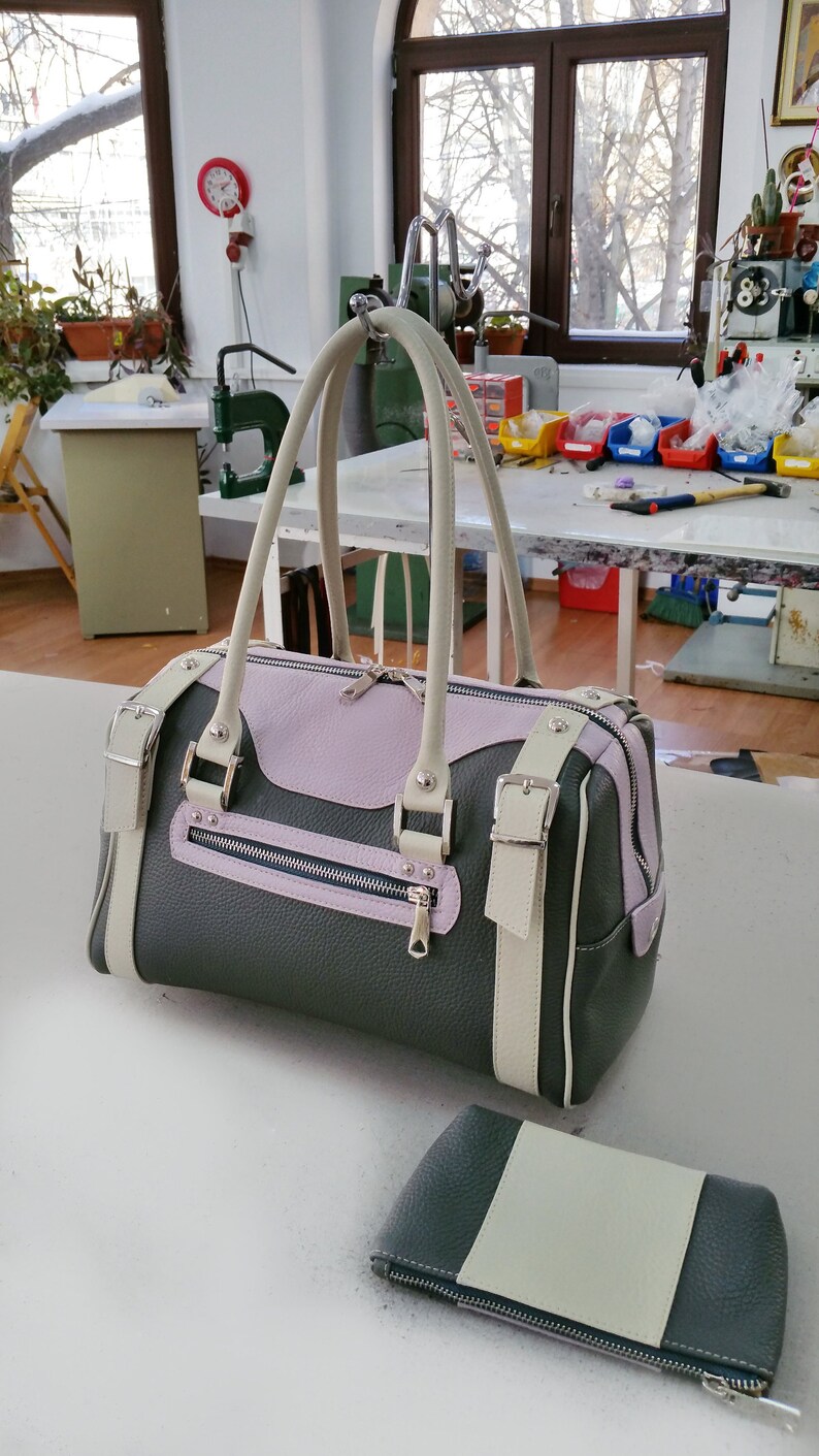 CREAM Leather Handbag, CREAM Leather Tote Bag, Leather Duffel Bag, Woman Leather Bag, Leather Satchel Bag, Woman Leather Tote, Leather Purse Gray-Lavender-Cream