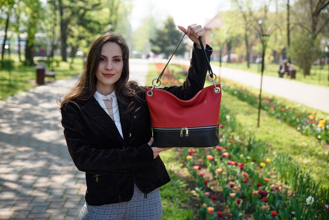 BLACK-RED Leather Hobo Bag, Leather Shoulder Bag,soft Leather Bag ...