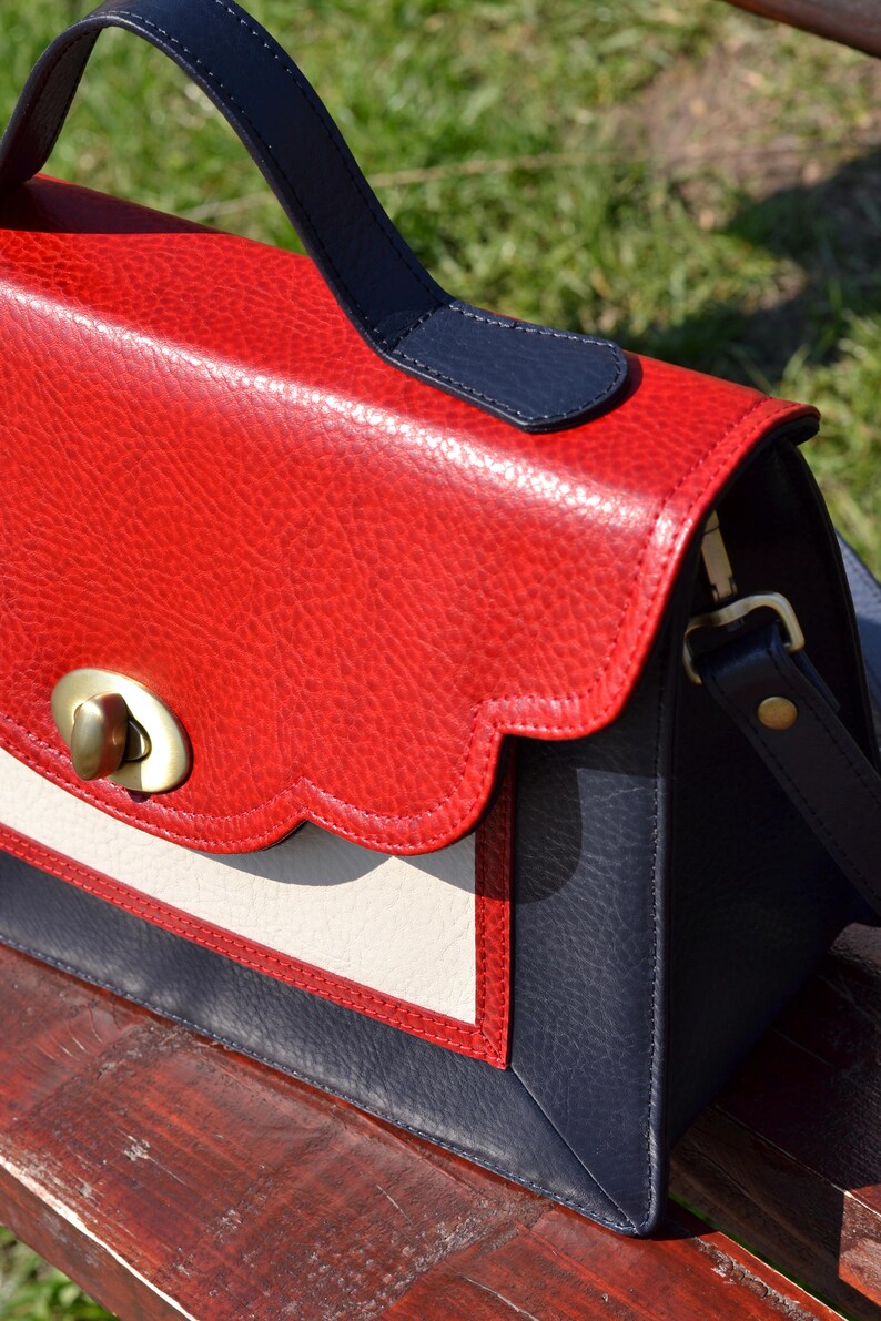 LEATHER MESSENGER Bag Leather School Bag Leather Shoulder Bag Red-Blue-Cream Leather Bag Leather Crossbody Bag Leather Messenger