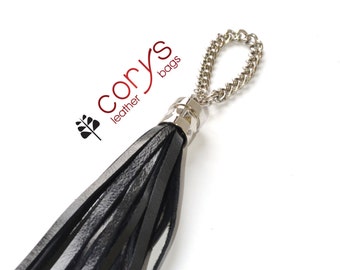 LEATHER TASSEL KEYCHAIN, Black Leather Tassel, Leather Bag Charm, Tassel Charm, Leather Tassel, Fringe Bag charm, Leather Charm For Bags