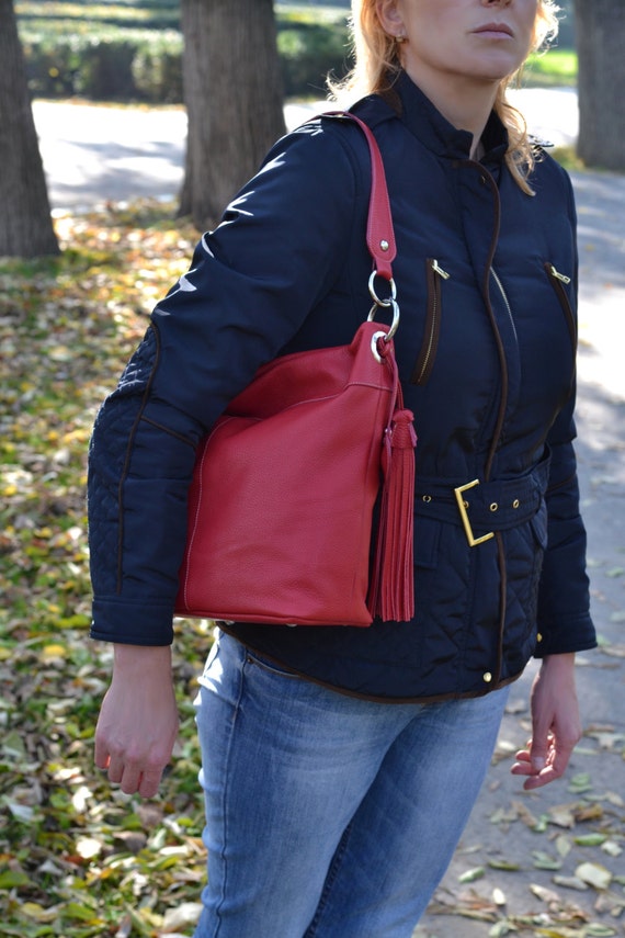 Large Red SOFT LEATHER HANDBAG Red Leather Shoulder Bag Red 