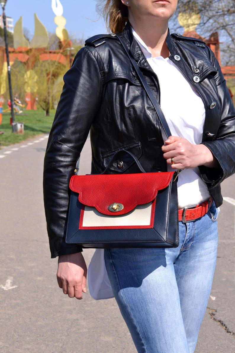 LEATHER MESSENGER Bag Leather School Bag Leather Shoulder Bag Red-Blue-Cream Leather Bag Leather Crossbody Bag Leather Messenger