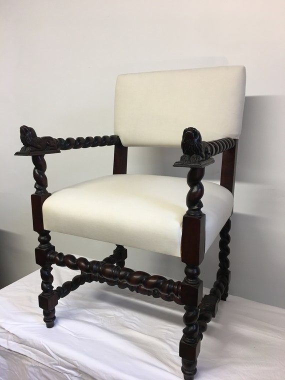 Period Style English Chair With Barley Twist Legs and Lions Heads