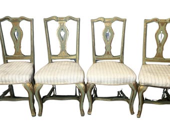 Set of Four Venetian Wood and Green Fabric Chairs