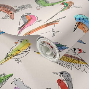 May include: A roll of wallpaper featuring a repeating pattern of various birds illustrated with black outlines and watercolor-style splashes of green, orange, pink, blue, and yellow on a light cream background. The birds are depicted in flight.