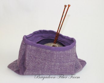 Hand woven project bag, make up bag, linen lining, wool shell, purple, cream