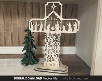 May include: A wooden cross with a nativity scene cutout and the text "For unto you is born this day in the city of David a Saviour which is Christ the Lord Luke 2:11".