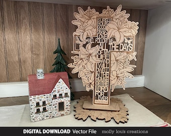 Peut inclure: Une croix en bois avec un motif floral et le texte "Sûrement ta bonté et ton amour me suivront tous les jours de ma vie et j'habiterai dans la maison du Seigneur pour toujours Psaume 23:6".
