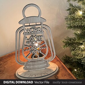 May include: Wooden lantern with the text "Thy Word is a Lamp Unto My Feet and a Light Unto My Path" and "Psalm 119:105". The lantern is made of light-coloured wood and has a handle at the top. The lantern is on a wooden surface.