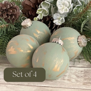 Moss Green and Gold Christmas Ornament Set, Hand Painted Antiqued Gilded Ornaments
