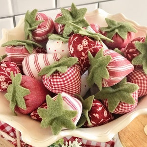 Strawberry Bowl Fillers, Handmade Vintage Style Fabric Strawberries, Summer Tiered Tray Decor by Sew Lovely Farmwife